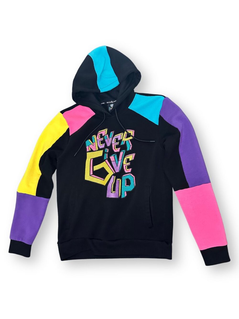 SWITCH Remarkable “Never Give Up” Colorblock Hoodie Size M Retro Neon Streetwear